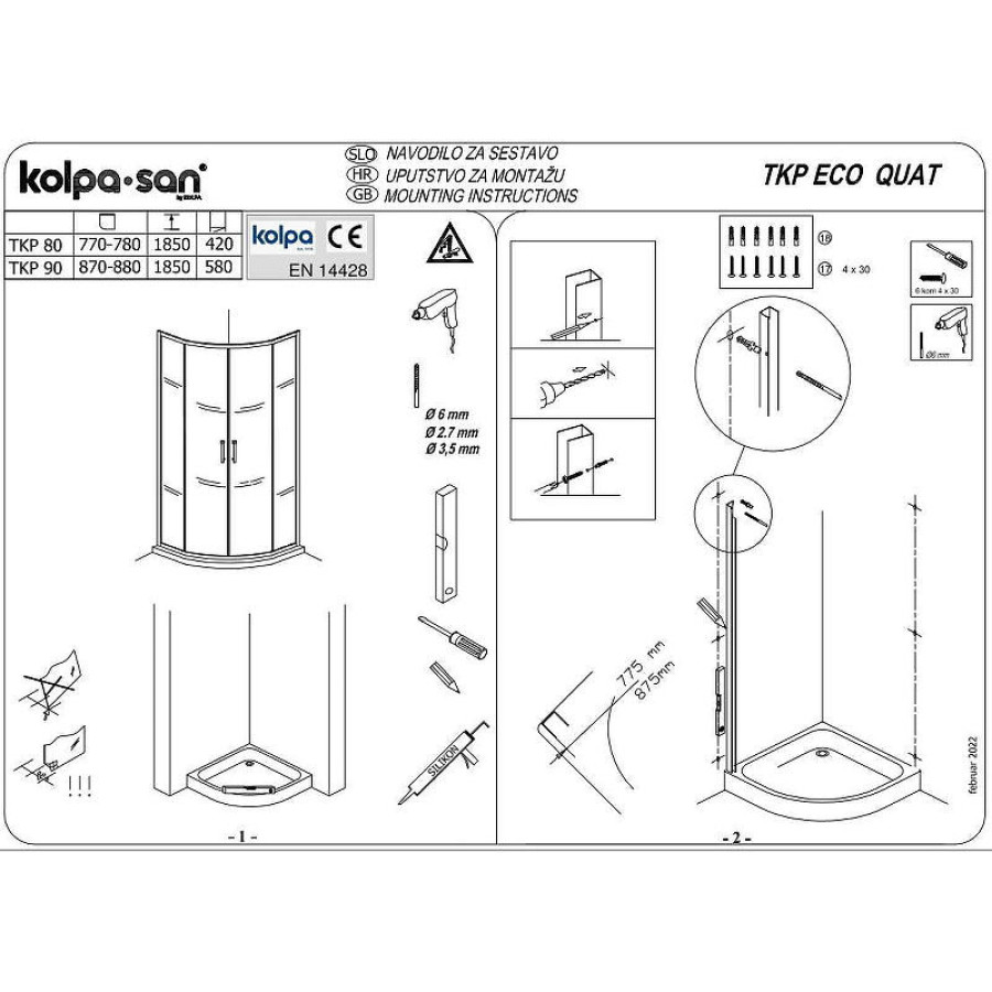 Душевой уголок Kolpa San Eco Quat TKP 80x80 538570 профиль Хром стекло прозрачное