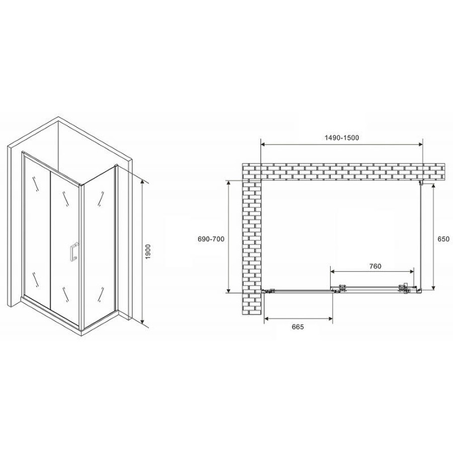 Душевой уголок Abber Schwarzer Diamant 150x70 AG301505-S705 профиль Хром стекло прозрачное