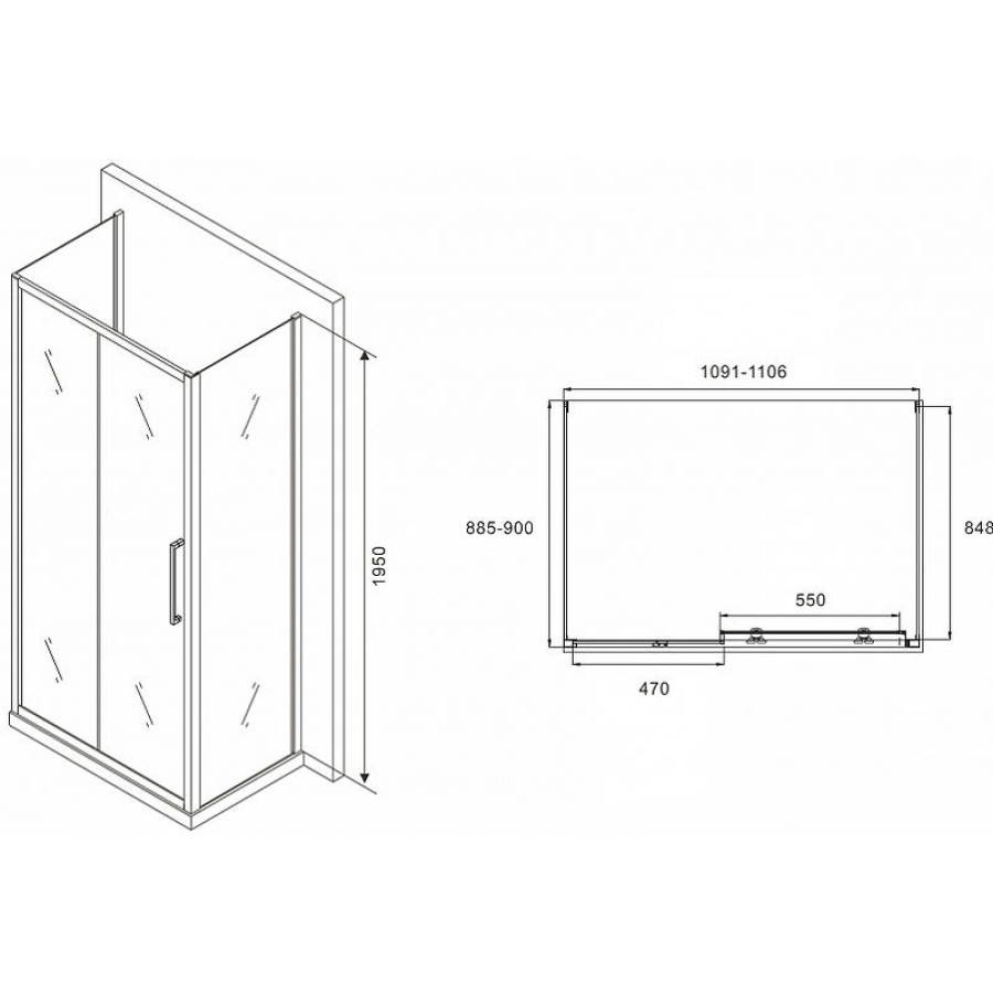 Душевой уголок Abber Schwarzer Diamant 110x90 AG30110MH-S90M-S90M профиль Хром стекло матовое