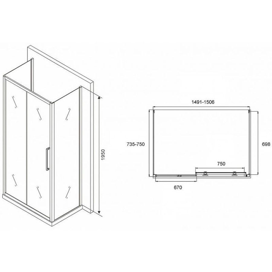 Душевой уголок Abber Schwarzer Diamant 150x75 AG30150MH-S75M-S75M профиль Хром стекло матовое