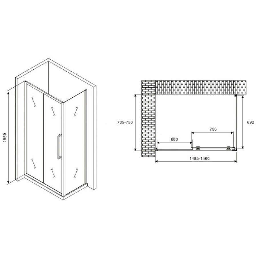 Душевой уголок Abber Schwarzer Diamant 150x75 AG30150BH-S75B профиль Черный стекло прозрачное