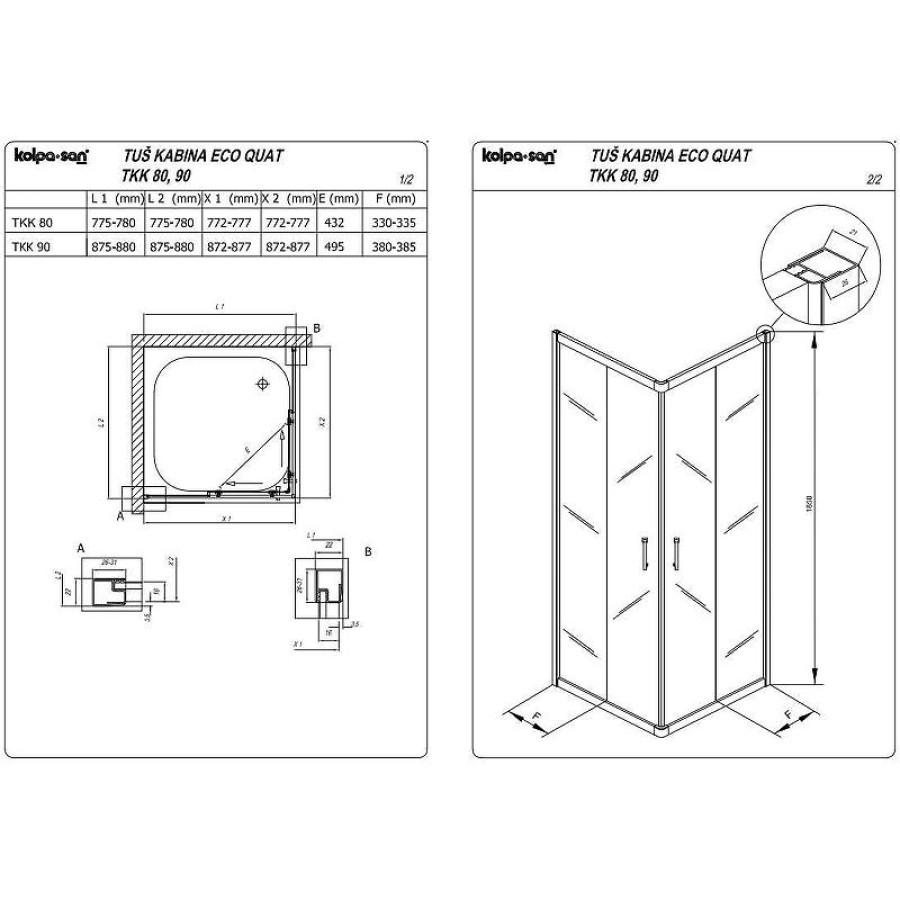 Душевой уголок Kolpa San Eco Quat TKK 80x80 538550 профиль Хром стекло прозрачное