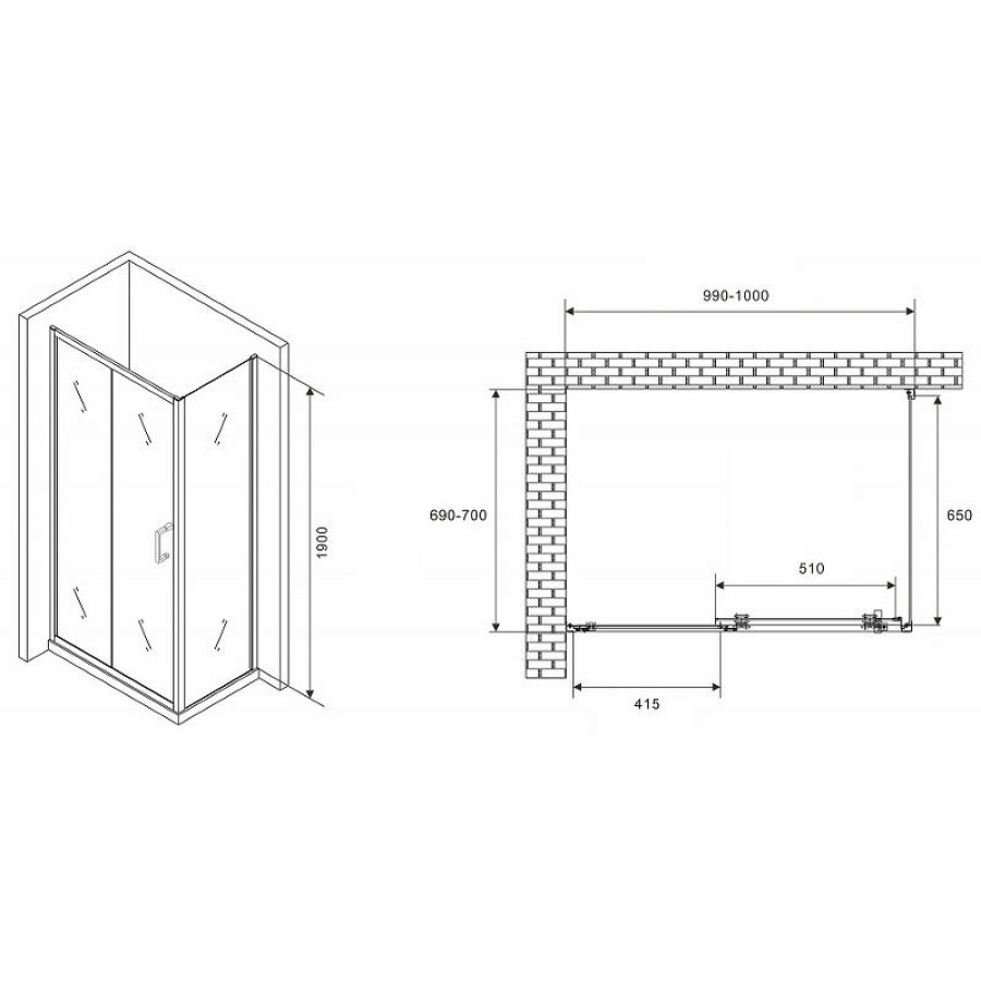 Душевой уголок Abber Schwarzer Diamant 100x70 AG301005-S705 профиль Хром стекло прозрачное