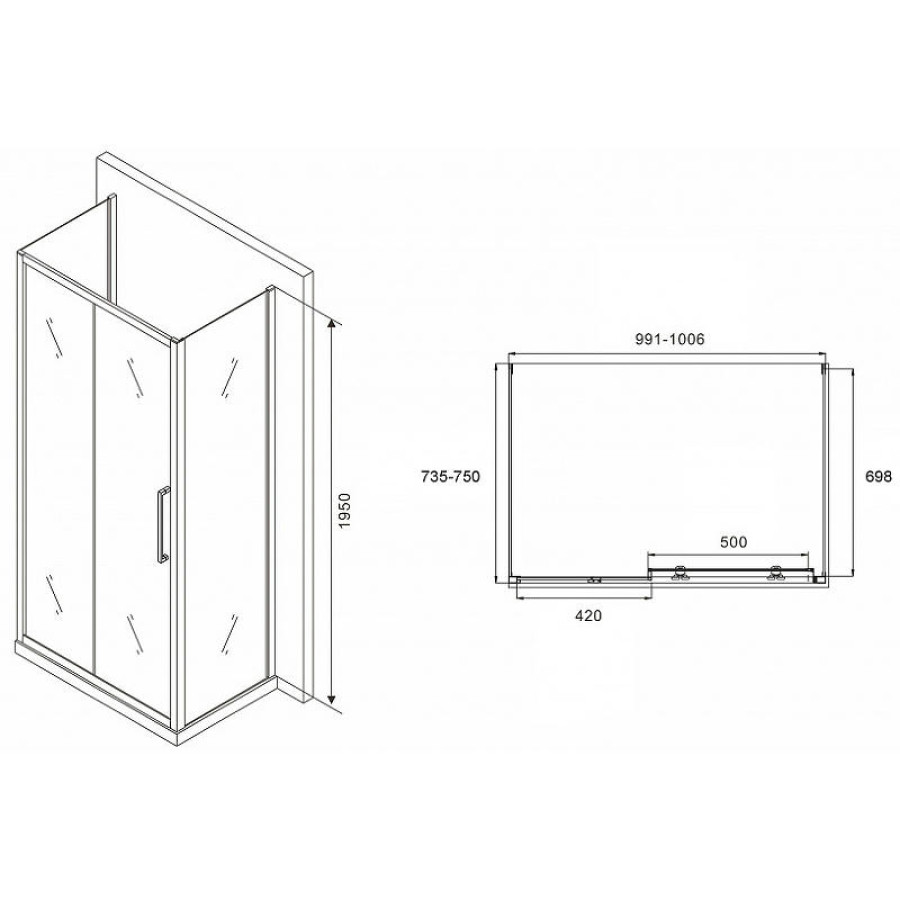 Душевой уголок Abber Schwarzer Diamant 100x75 AG30100H-S75-S75 профиль Хром стекло прозрачное