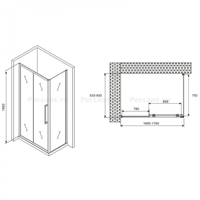 Душевой уголок Abber Schwarzer Diamant 170x85 AG30170H-S85 профиль Хром стекло прозрачное