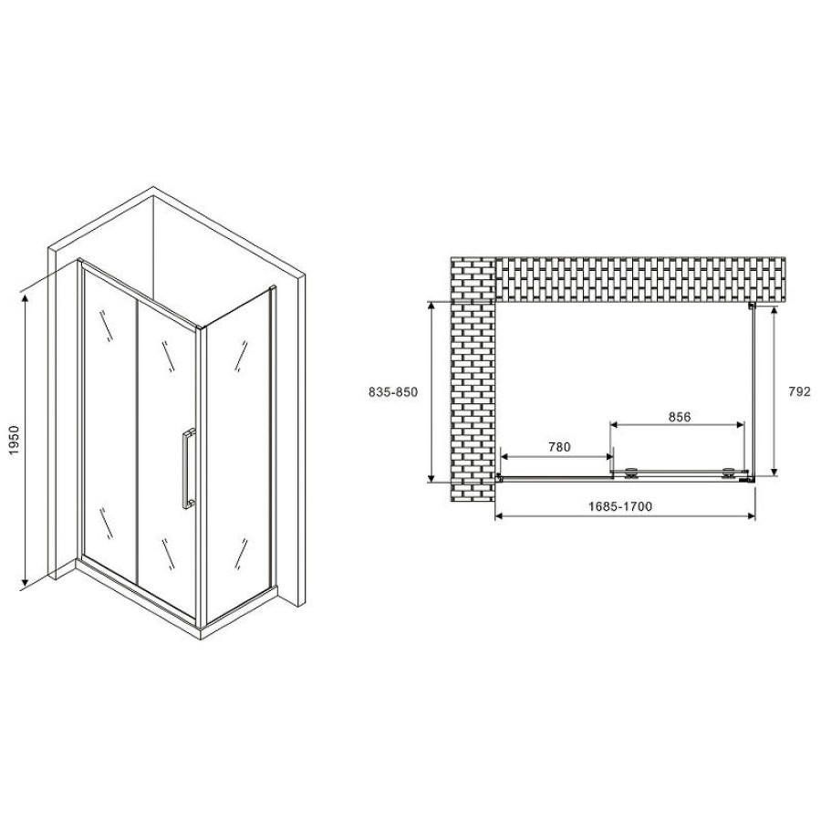 Душевой уголок Abber Schwarzer Diamant 170x85 AG30170H-S85 профиль Хром стекло прозрачное