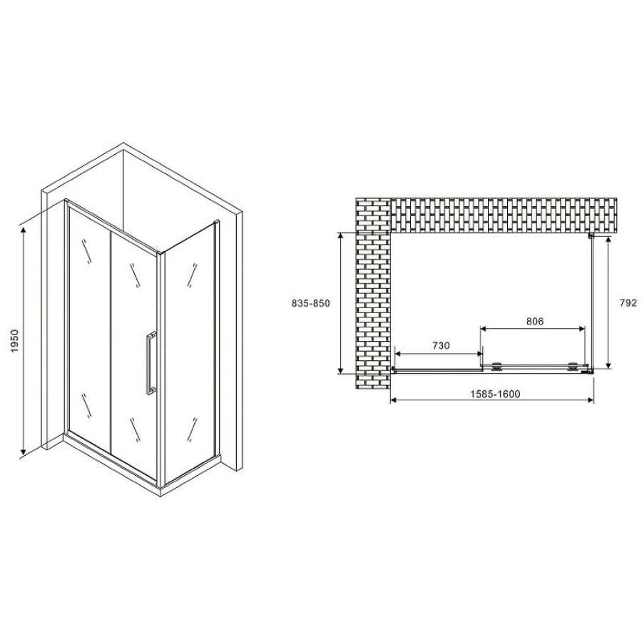 Душевой уголок Abber Schwarzer Diamant 160x85 AG30160H-S85 профиль Хром стекло прозрачное