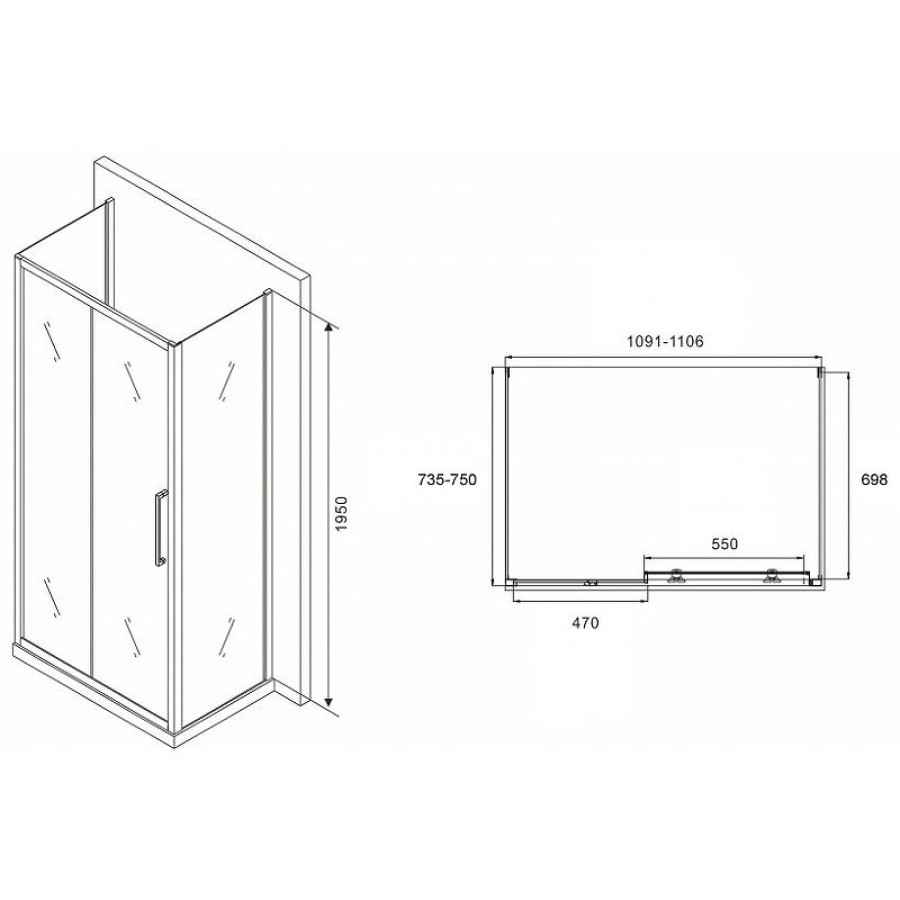 Душевой уголок Abber Schwarzer Diamant 110x75 AG30110H-S75-S75 профиль Хром стекло прозрачное