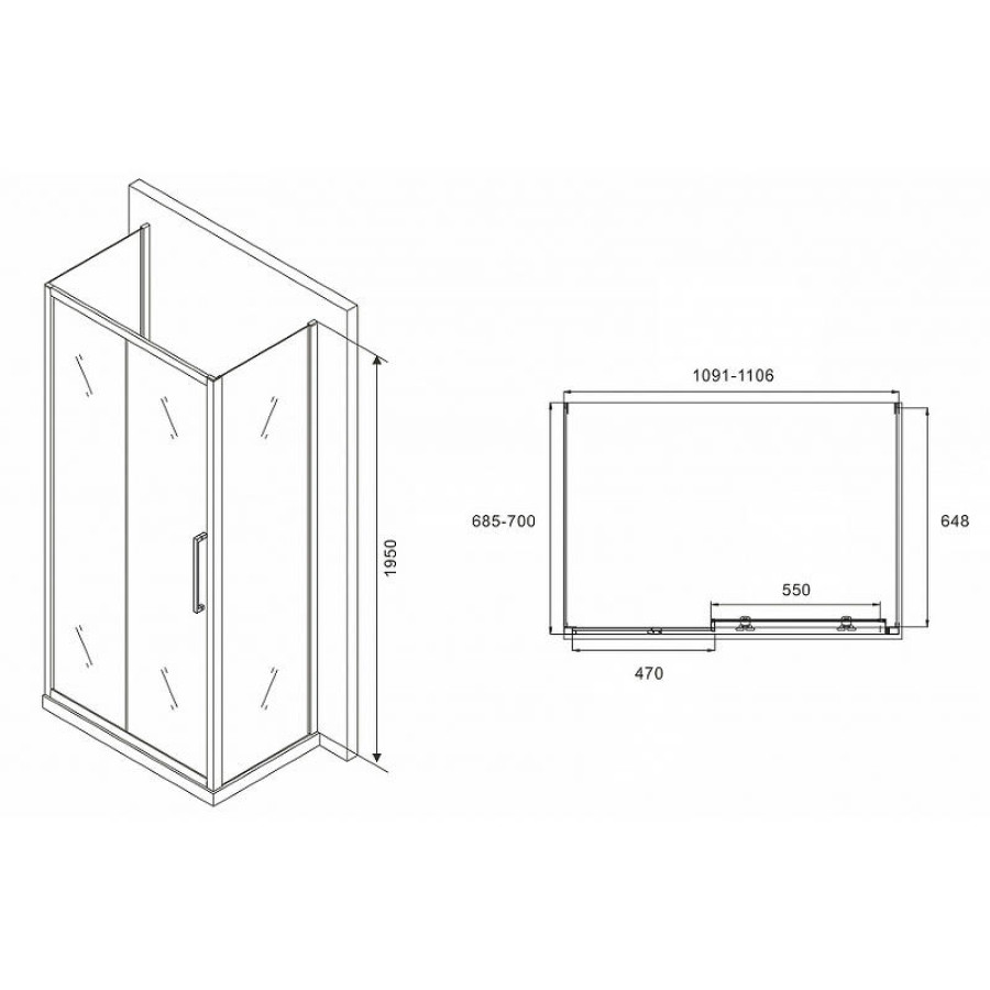 Душевой уголок Abber Schwarzer Diamant 110x70 AG30110MH-S70M-S70M профиль Хром стекло матовое