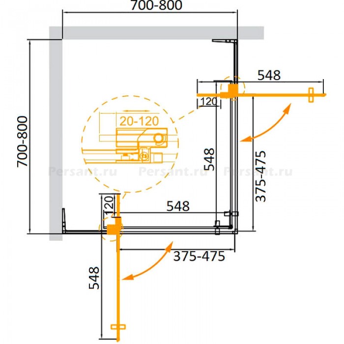 Душевой уголок Cezares Slider 75x75 SLIDER-A-2-70/80-C-BORO золото брашированное стекло прозрачное