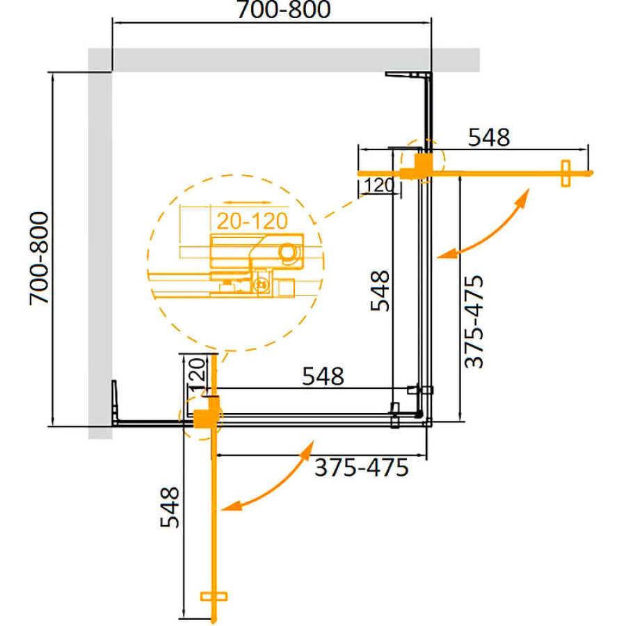 Душевой уголок Cezares Slider 70x70 SLIDER-A-2-70/80-GRIGIO-NERO профиль Черный матовый стекло серое