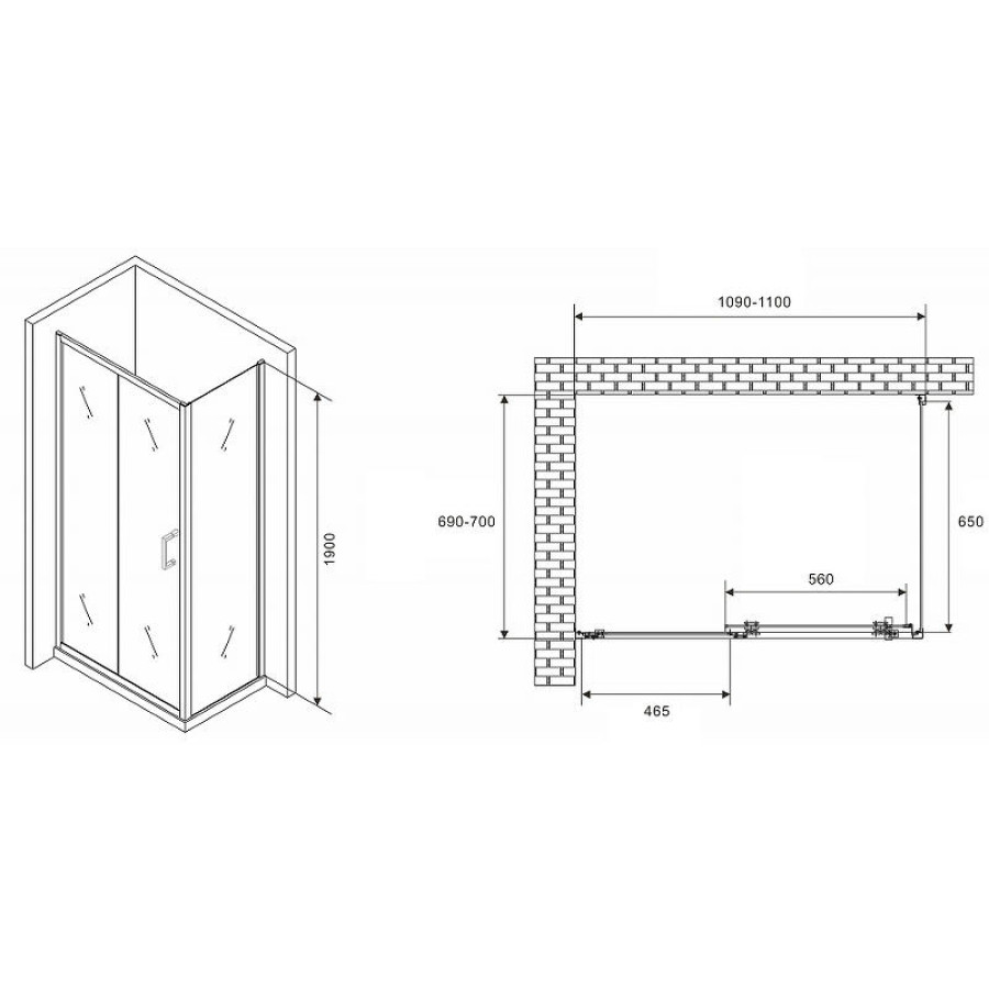 Душевой уголок Abber Schwarzer Diamant 110x70 AG301105-S705 профиль Хром стекло прозрачное