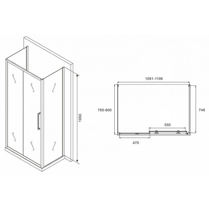 Душевой уголок Abber Schwarzer Diamant 110x80 AG30110MH-S80M-S80M профиль Хром стекло матовое