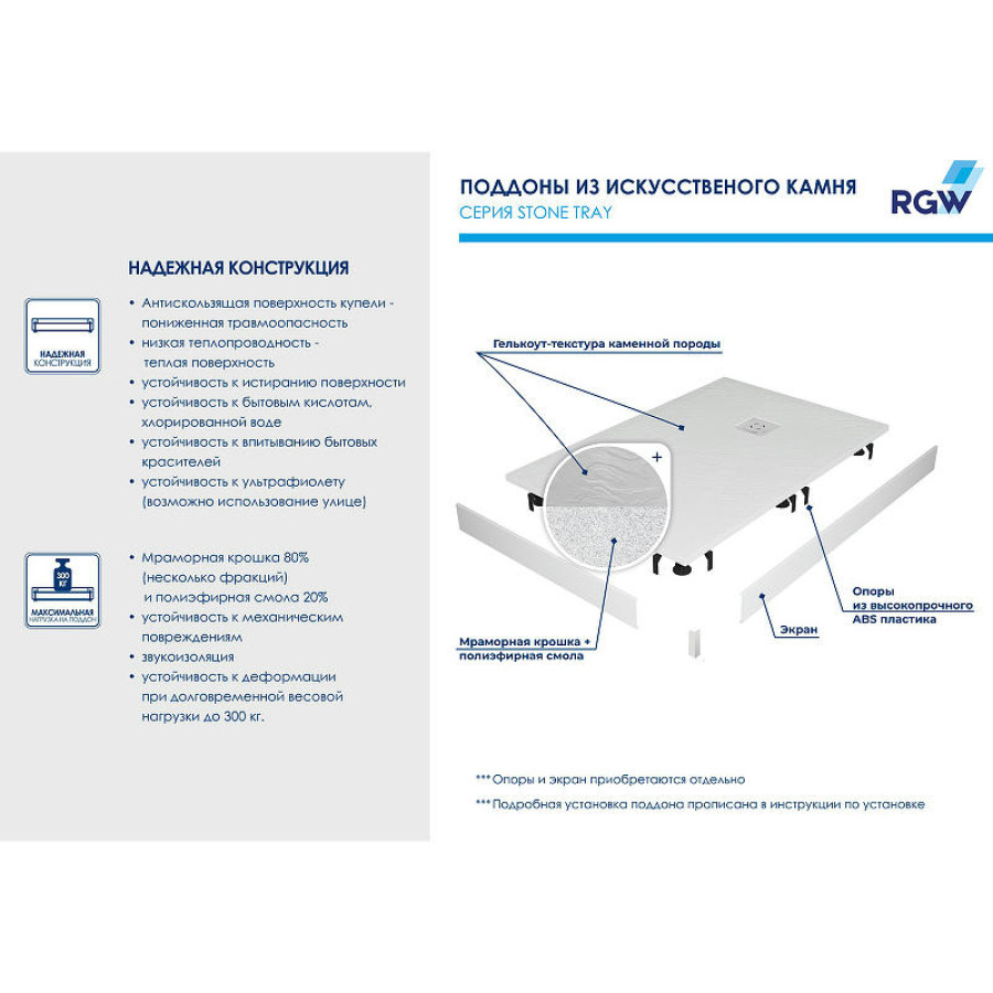 Душевой поддон из искусственного камня RGW Stone Tray STL-168W 160x80 14212816-01 Белый