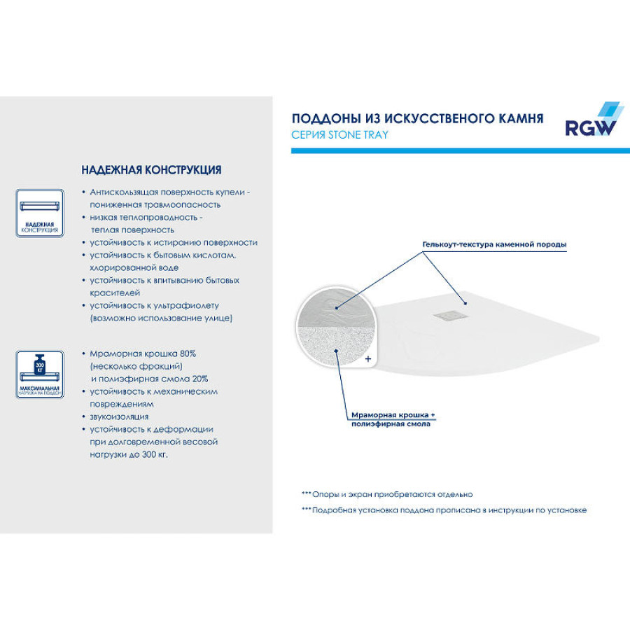 Душевой поддон из искусственного камня RGW Stone Tray ST/R-0100W 100x100 16153100-01 Белый