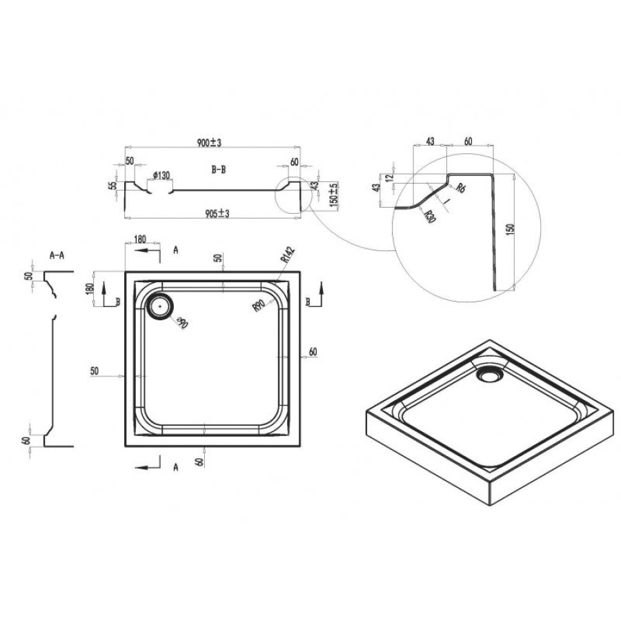 Поддон для душа из ABS-пластика AM.PM Gem 90x90 W90T-403-090W без антискользящего покрытия