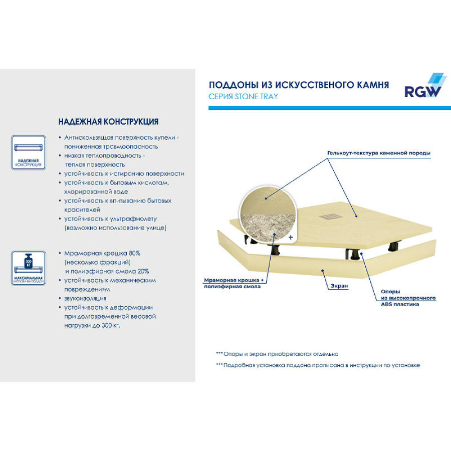 Душевой поддон из искусственного камня RGW Stone Tray ST/T-Be 90x90 16155099-03 Бежевый