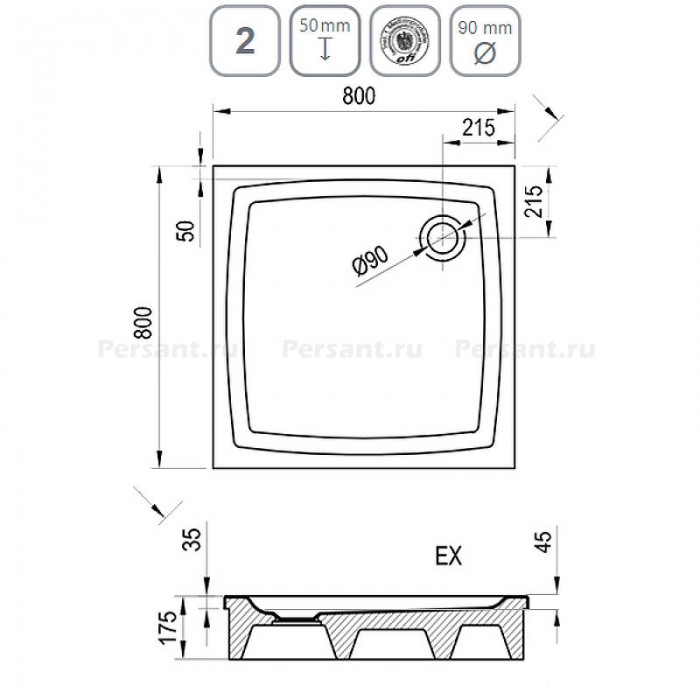 Акриловый поддон для душа Ravak Galaxy/Perseus EX 80х80 A024401310 Белый