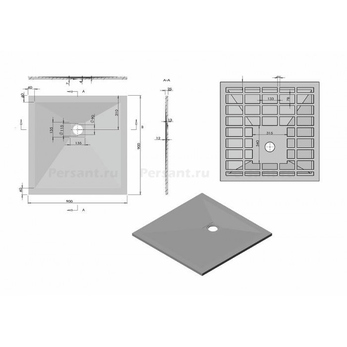 Душевой поддон из искусственного камня Vincea 90x90 VST-4SR9090A Антрацит