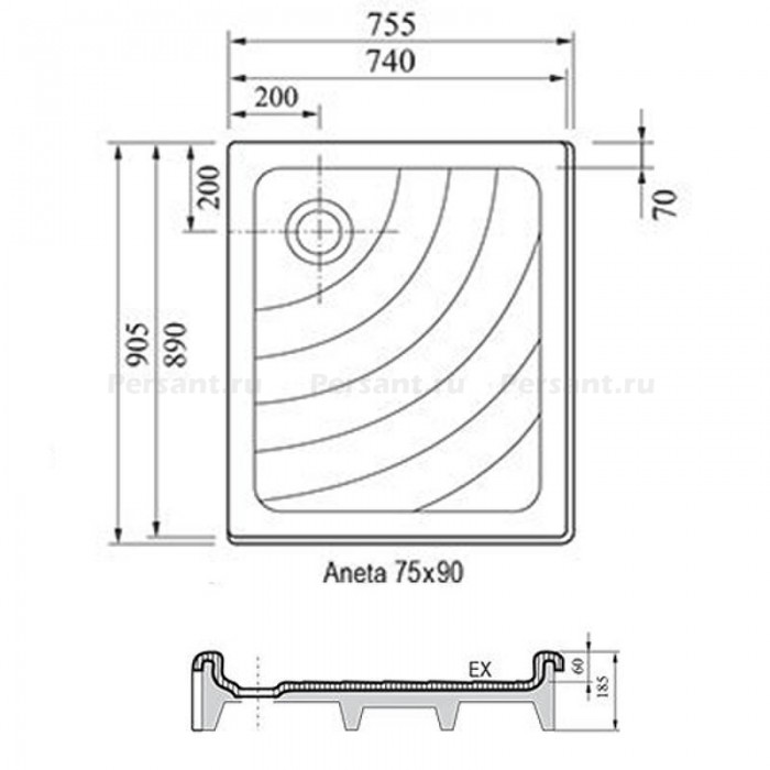 Акриловый поддон для душа Ravak Aneta 75x90 EX A003701320 Белый