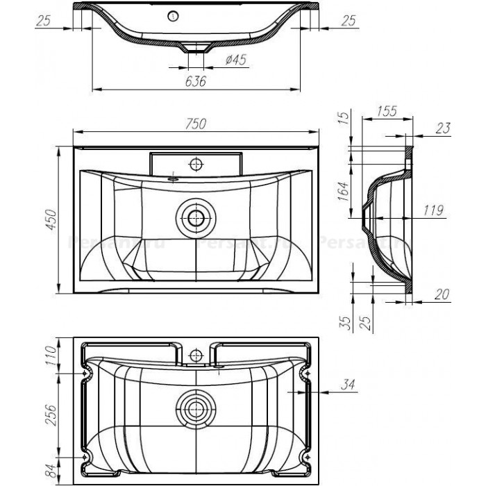 Раковина BelBagno Marino 75 (BB750/450-LV-MR-PR) из искусственного камня