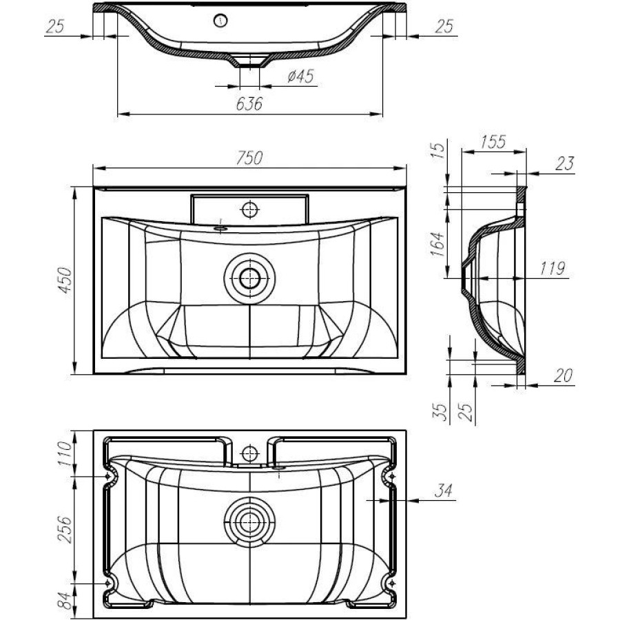 Раковина BelBagno Marino 75 прямоугольная (BB750/450-LV-MR-PR)