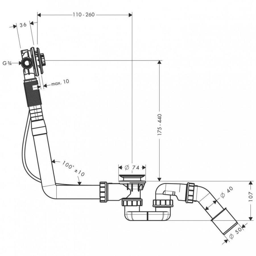 Скрытая часть излива hansgrohe Exafill S 58115180 на ванну с набором для слива и перелива для стандартных ванн