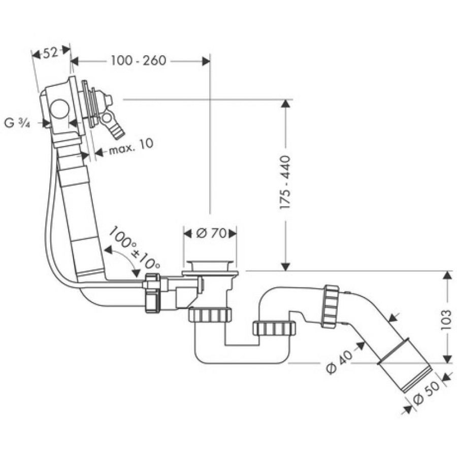 Скрытая часть излива на ванну hansgrohe Exafill 58125180 с набором для слива и перелива для стандартных ванн