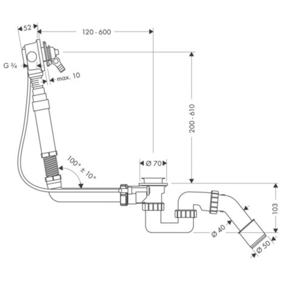 Скрытая часть излива на ванну hansgrohe Exafill 58126180 с набором для слива и перелива для нестандартных ванн