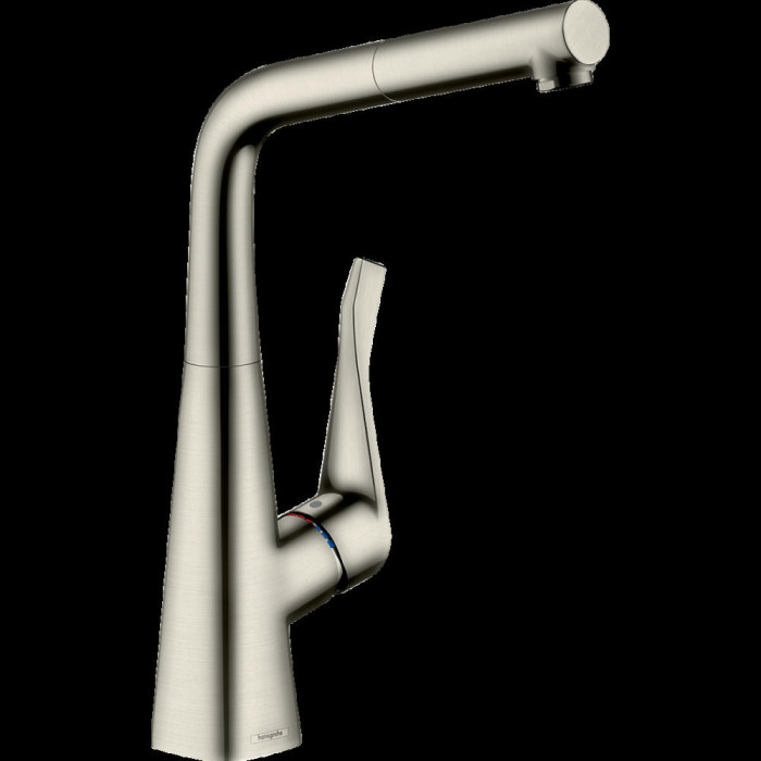 Смеситель для кухни hansgrohe Metris M71, 320, 1jet, sBox 73812800 с вытяжным изливом сталь