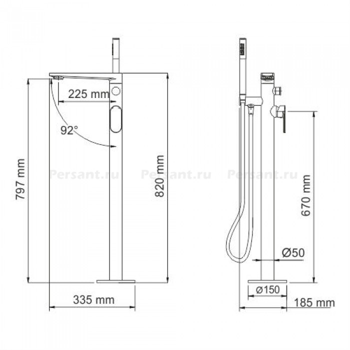 Смеситель для ванны WasserKRAFT Dinkel 5821 напольный, хром