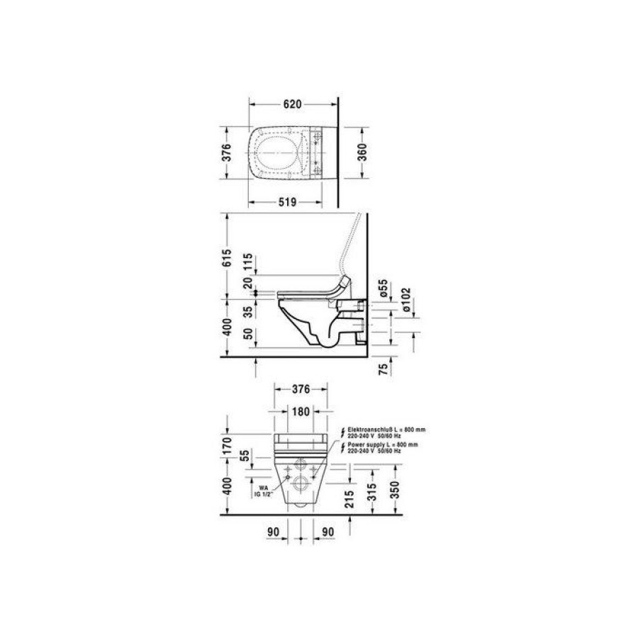 Подвесной унитаз Duravit DuraStyle 2542590000 + 610200002000300 безободковый, с функцией биде