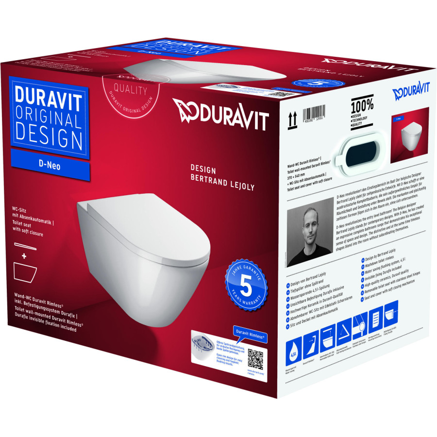 Подвесной унитаз Duravit D-Neo 45770900A1 Rimless с сиденьем с автоматическим закрытием