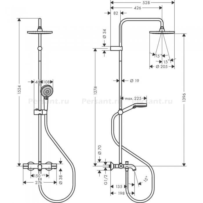 Душевая стойка для ванны Hansgrohe Vernis Blend 200 1jet 26079000 EcoSmart c термостатом, хром