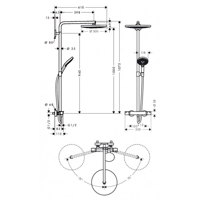 Душевая стойка Hansgrohe Raindance Select 300 2jet 27133000 с термостатом