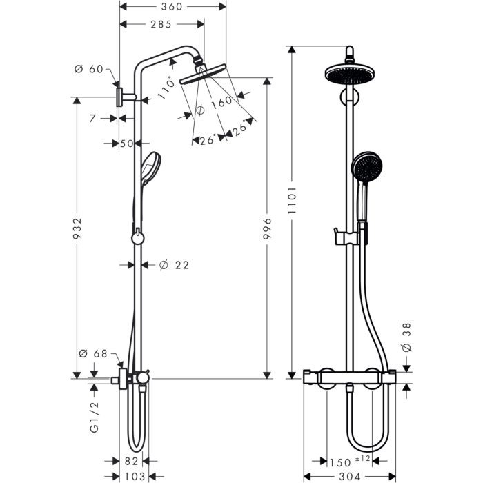 Душевая стойка Hansgrohe Croma 160 Showerpipe 27135000 с термостатом, хром