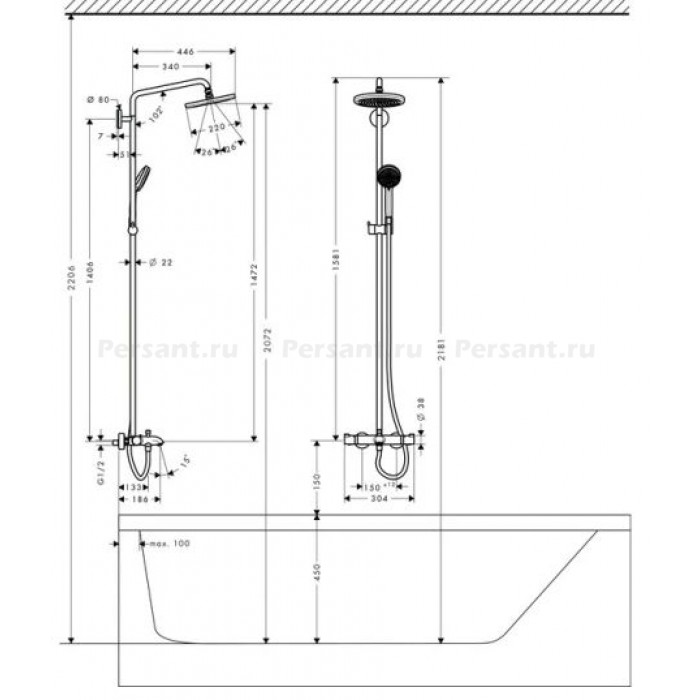 Душевая стойка для ванны Hansgrohe Croma 220 1jet 27223000 с термостатом, хром