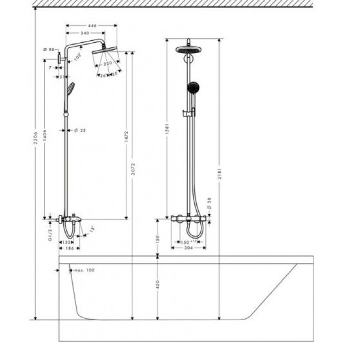 Душевая стойка для ванны Hansgrohe Croma 220 1jet 27223000 с термостатом, хром