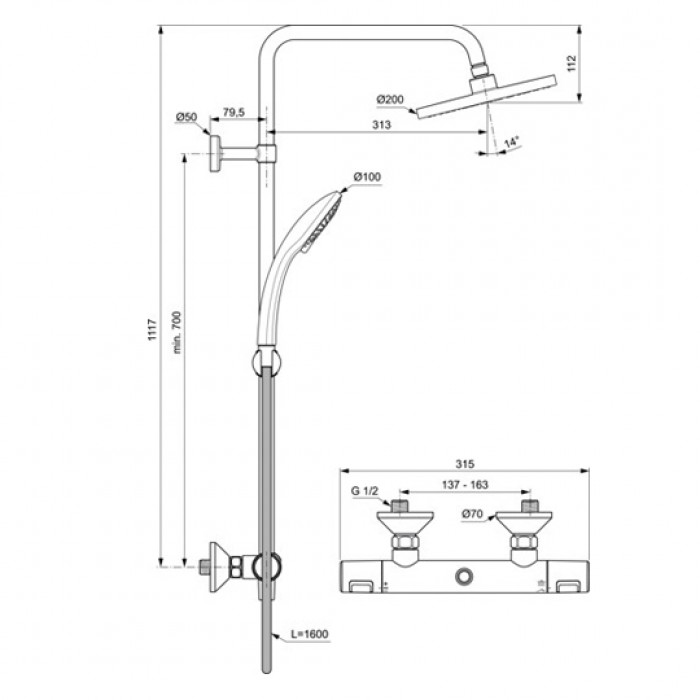 Душевая стойка Ideal Standard Ceratherm T25 A7208AA с термостатом, хром