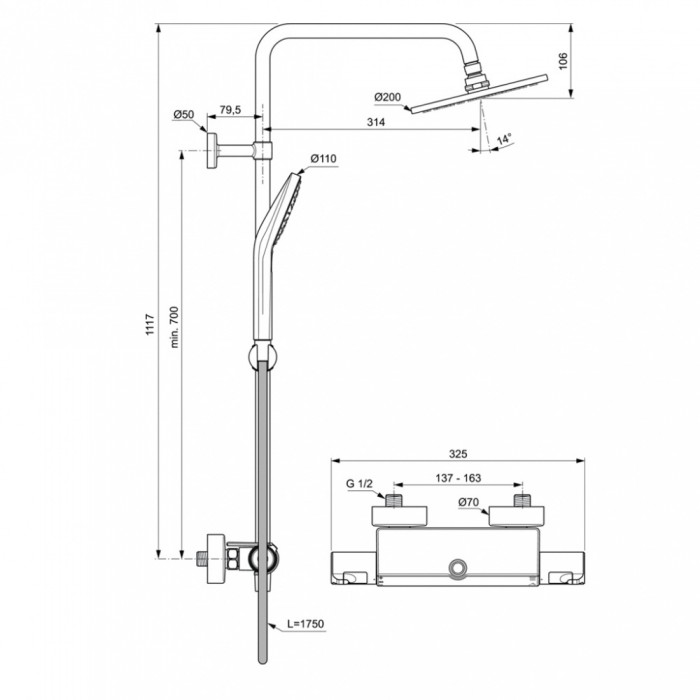 Душевая стойка Ideal Standard Ceratherm T50 A7230AA с термостатом, хром