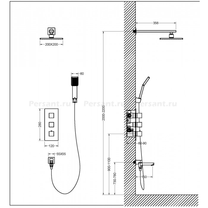 Душевой комплект Timo Tetra-thermo SX-0199/03SM с термостатом, черный матовый