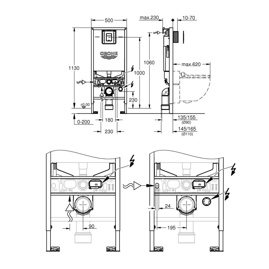 Инсталляция Grohe Skate Cosmopolitan 39603000 3 в 1 для подвесного унитаза: инсталляция, крепление к стене и панель смыва, размер S, хром