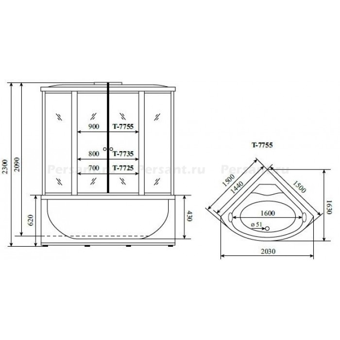 Душевой бокс Timo Lux 150x150 T-7755, стекло прозрачное, профиль хром