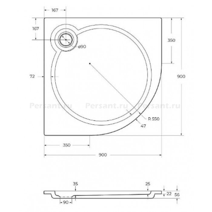 Душевой поддон из искусственного мрамора Cezares Tray S-R 90х90 TRAY-S-R-90-550-56-W Белый