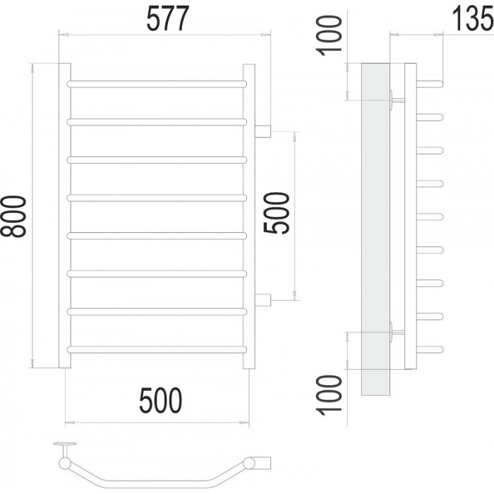 Полотенцесушитель водяной Terminus Викория П8 500х800 бп50 4670078530110, боковое подключение, хром