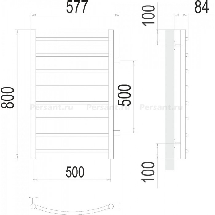 Полотенцесушитель водяной Terminus Классик П8 500х800 бп50 4670078530257, боковое подключение, хром