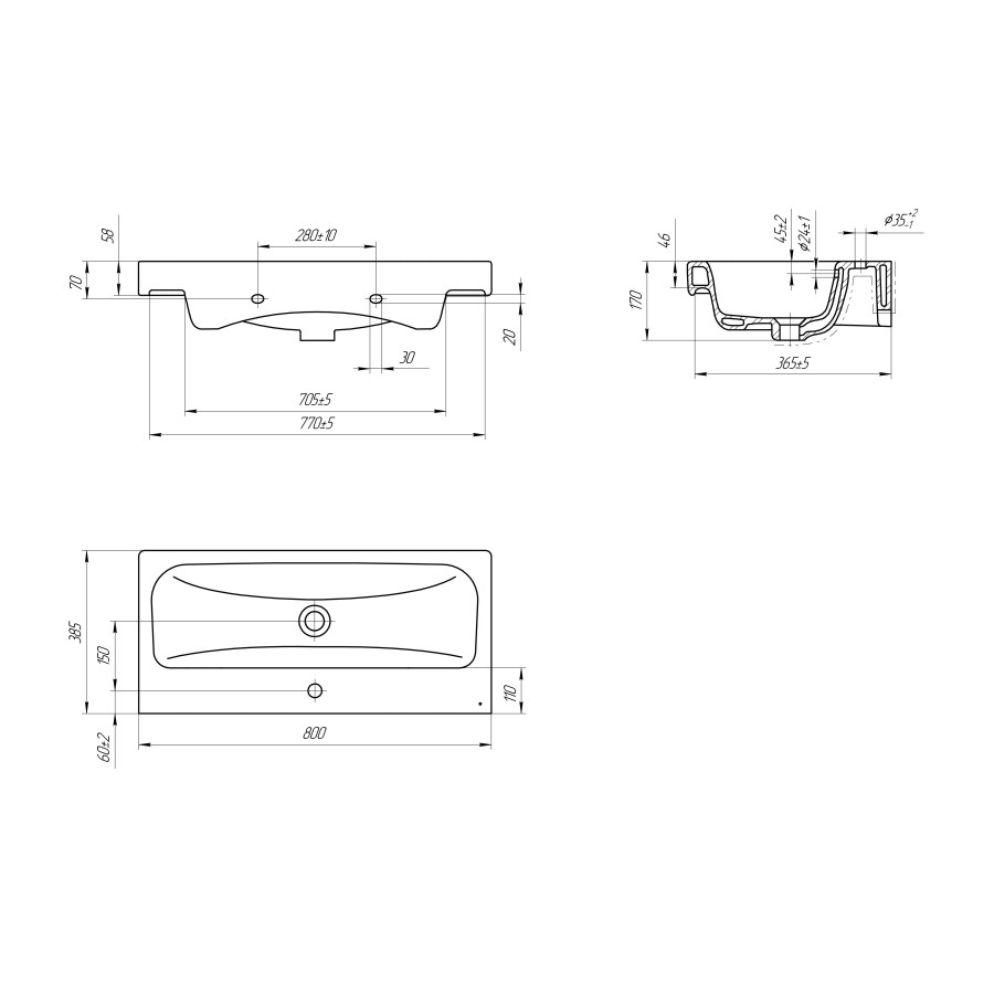 Раковина Cersanit Moduo slim 80 SLIM, 1 отв., белый,  прямоугольная (P-UM-MOD80SL/1)