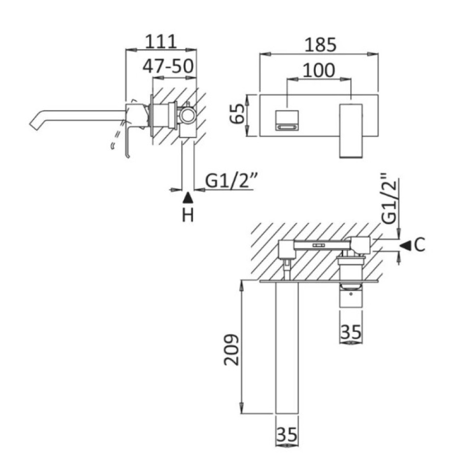 Смеситель для раковины Cezares PORTA-BLI-01-W0 встраиваемый