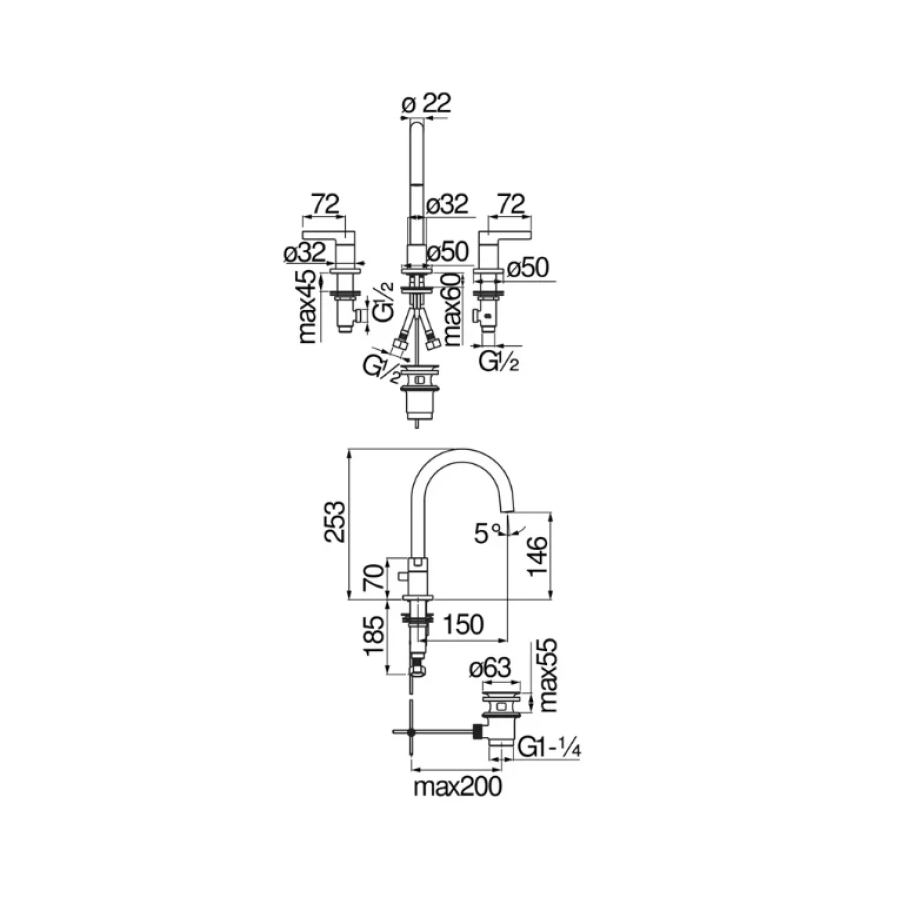 Смеситель для раковины Nobili Lira LR116211/1T1BM черный, 3 отверстия