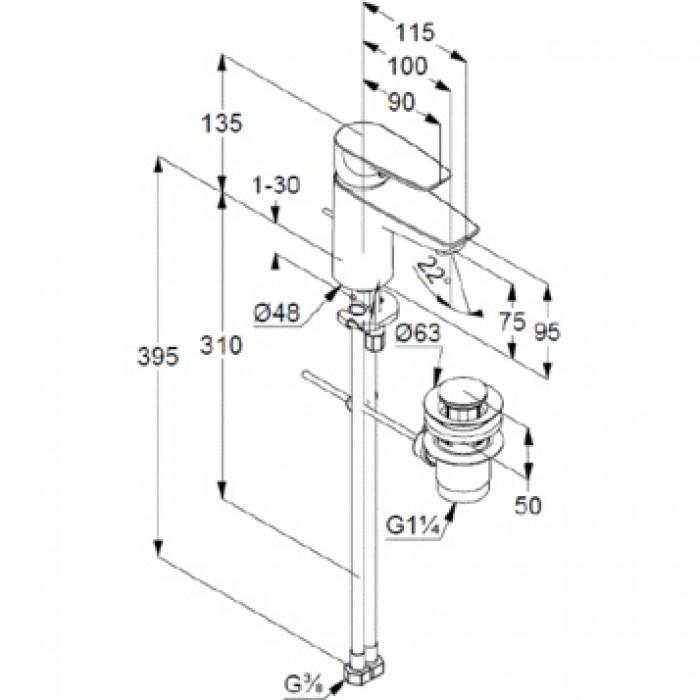 Смеситель для раковины Kludi PURE&SOLID 343820575 с донным клапаном, хром